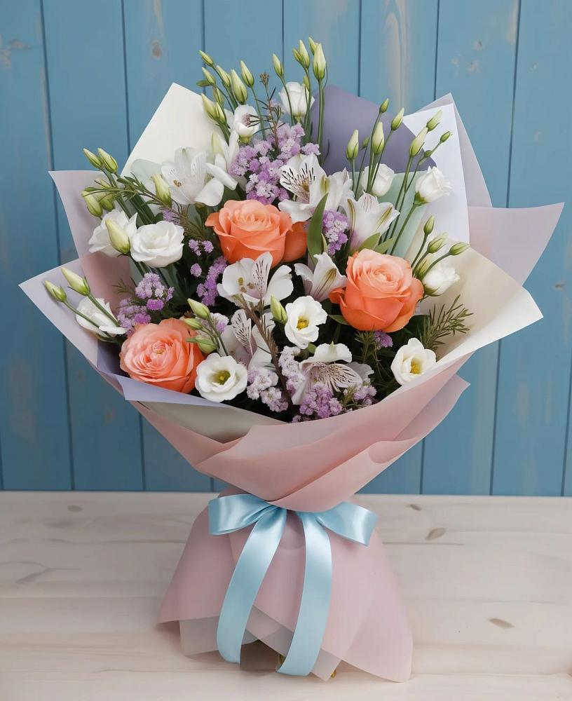 Букет цветов из: Лизиантусы, Розы, Альстромерии и Гипсофила в Игриме